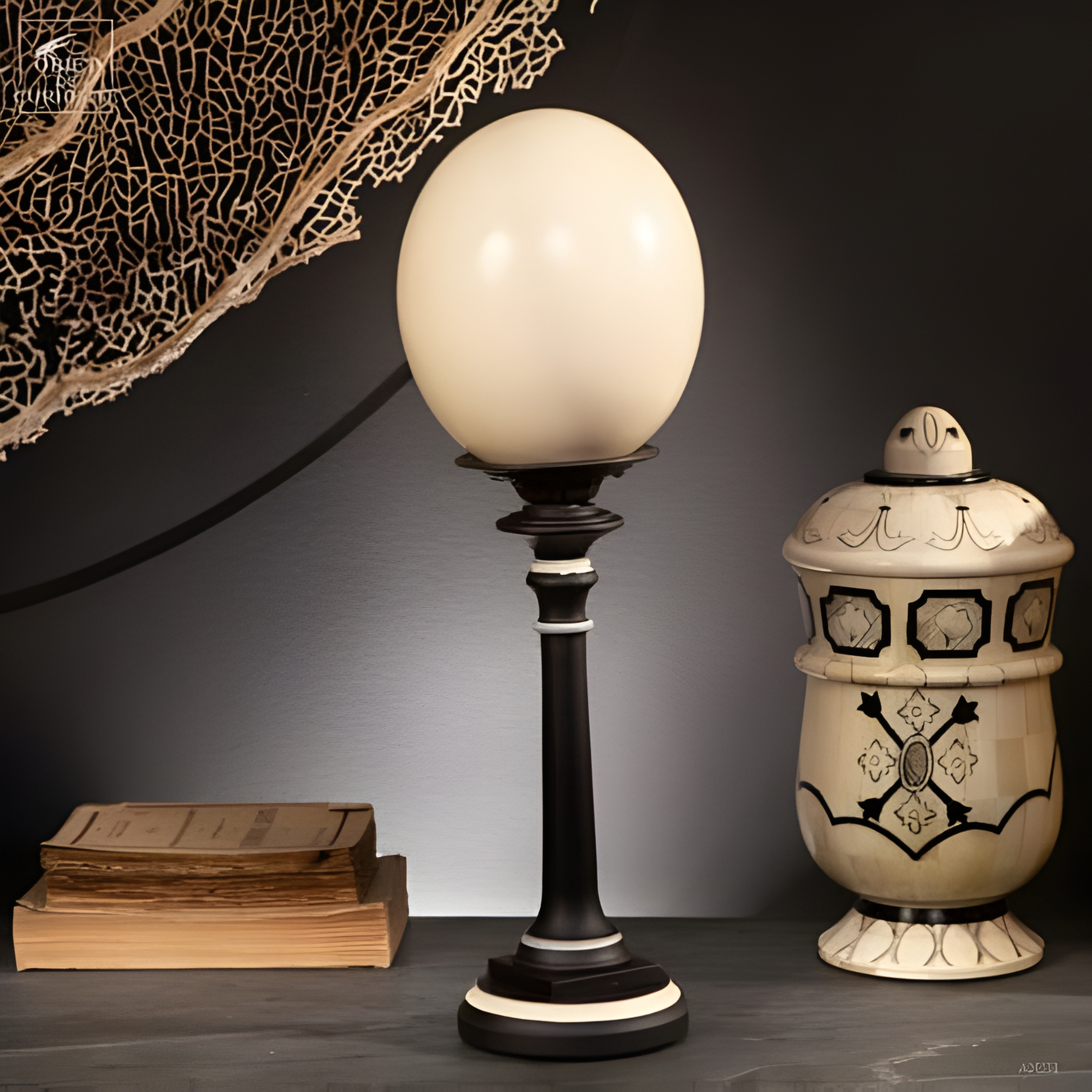 Œuf d'autruche sur socle noir et blanc
