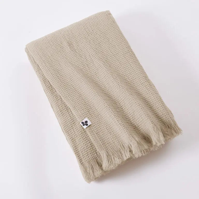 Plaid à franges 180x220 Nid d'Abeille uni ALMA Ficelle Little Harmonie