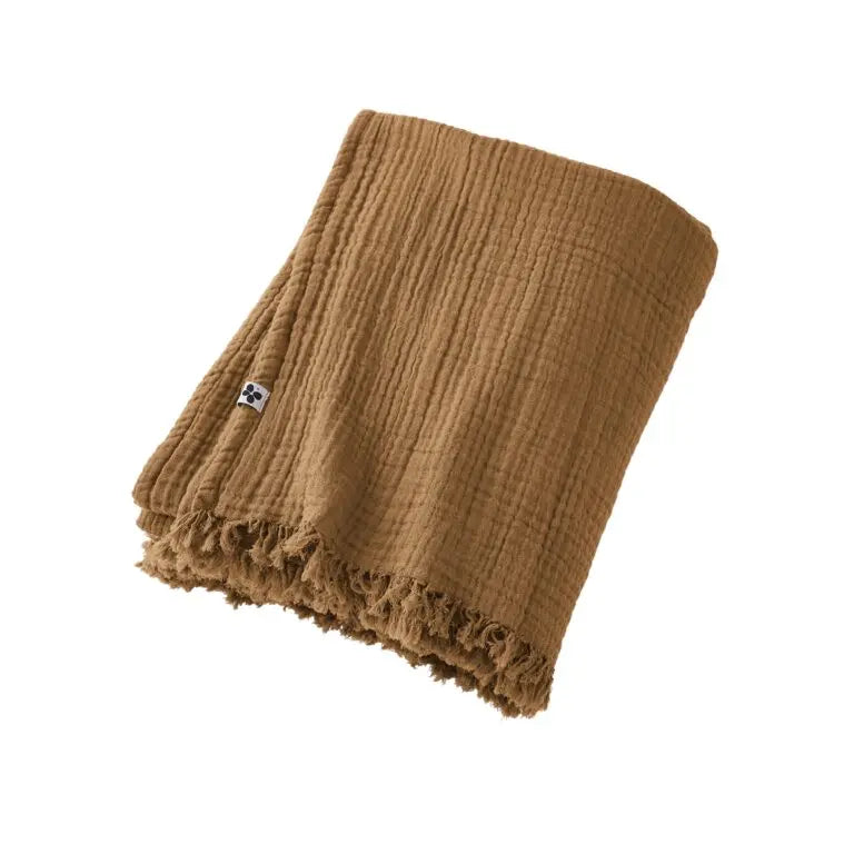 Plaid à franges 130x160 Gaze de coton unie GAIA Camel Little Harmonie