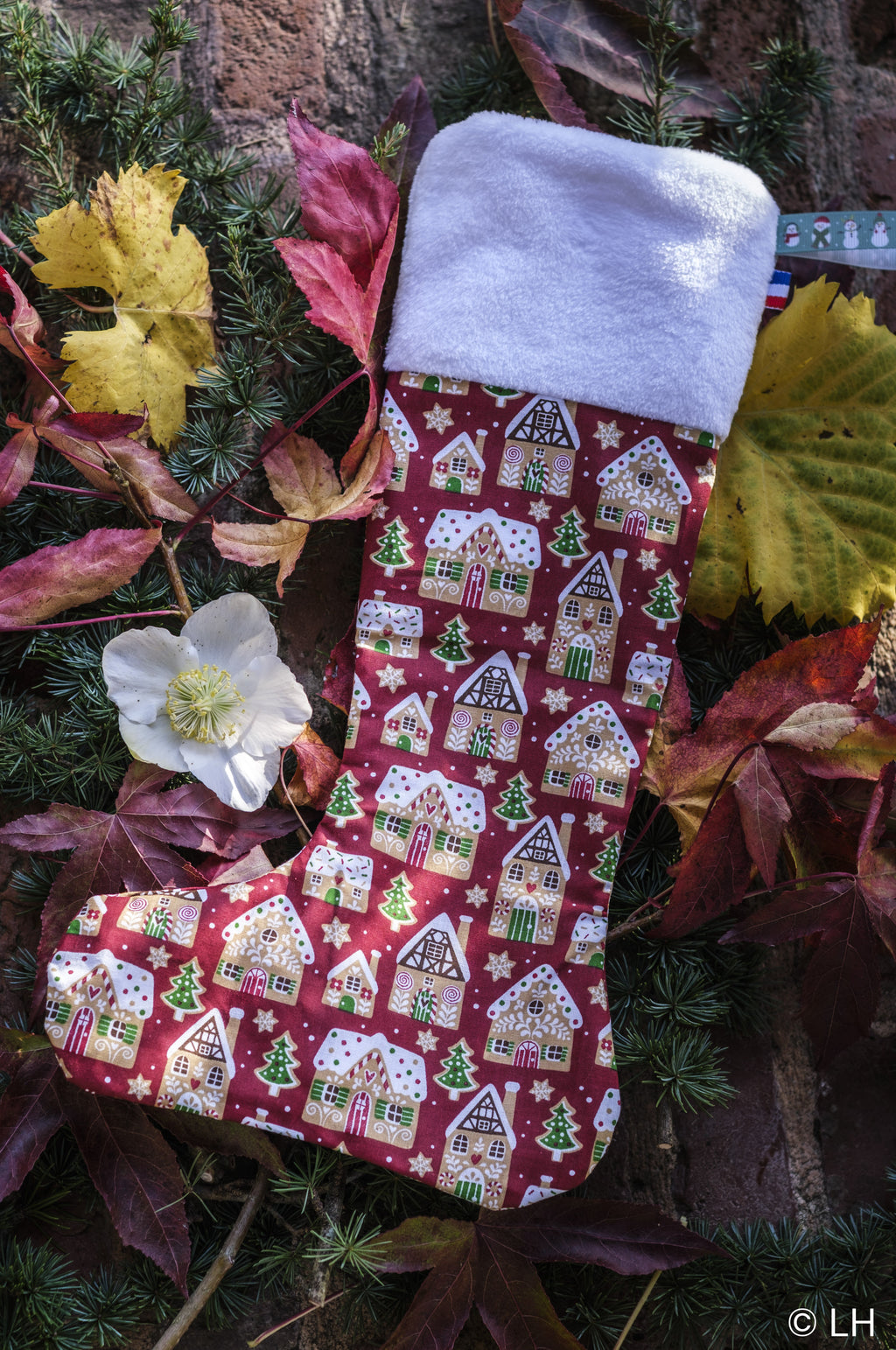 Botte de Noël aux motifs maisonnettes en pain d'épices