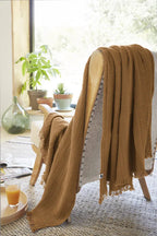 Plaid à franges 130x160 Gaze de coton unie GAIA Camel Little Harmonie