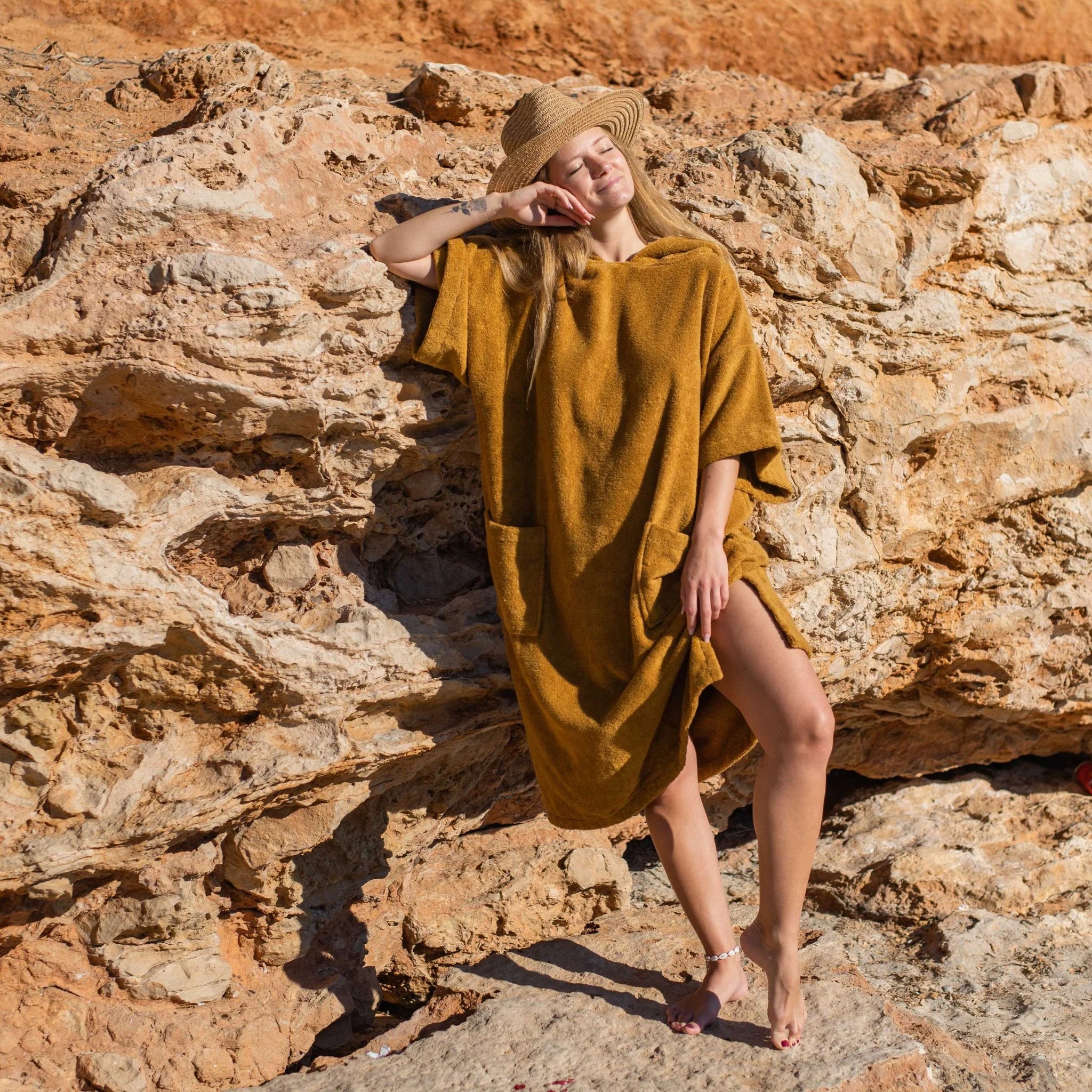 Poncho en coton premium bio Caramel