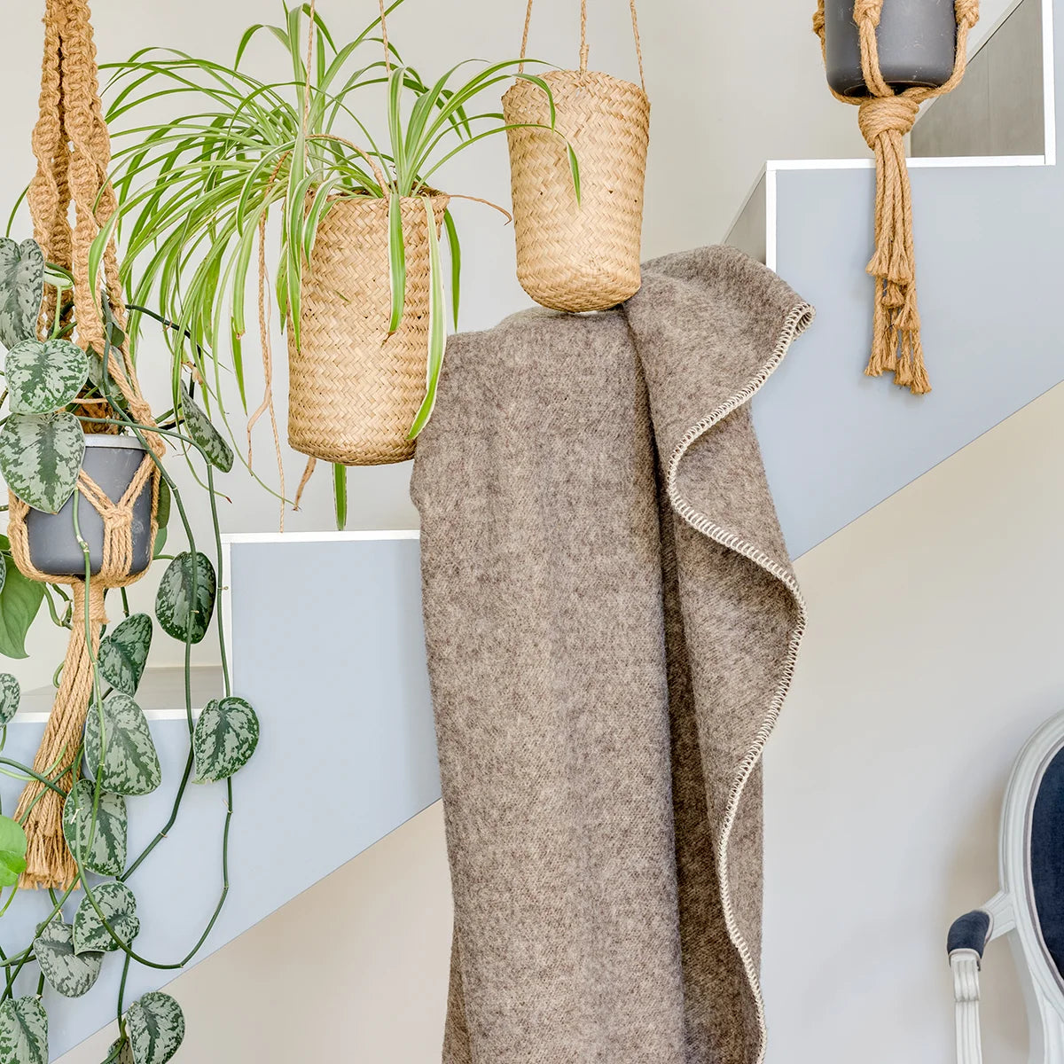 Plaid Gris chiné en laine vierge, finition Ivoire